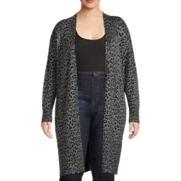 Terra & Sky 2X Leopard Print Long Duster Cardigan Jacket Sweater Gray Black NWOT - Picture 1 of 8